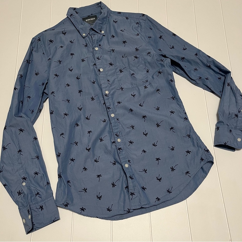 Bonobos Tailored Slim Fit Blue Palm Tree Button Down Shirt Sz Medium